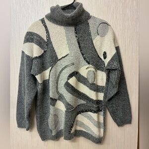 Vintage Cristina Abstract Art-to-Wear Turtleneck Sweater Silk Gray Wool Blend